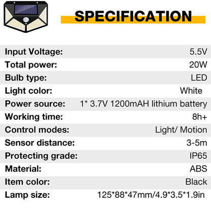100 LED Solar Security Light. PIR Motion Sensor Wall Light. 3 Modes. 270° Wide Angle. IP65 Waterproof for Outdoor Garden