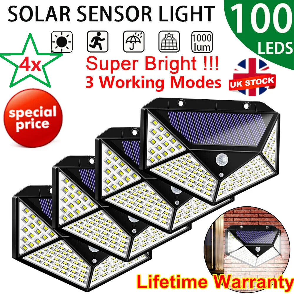 100 LED Solar Security Light. PIR Motion Sensor Wall Light. 3 Modes. 270° Wide Angle. IP65 Waterproof for Outdoor Garden