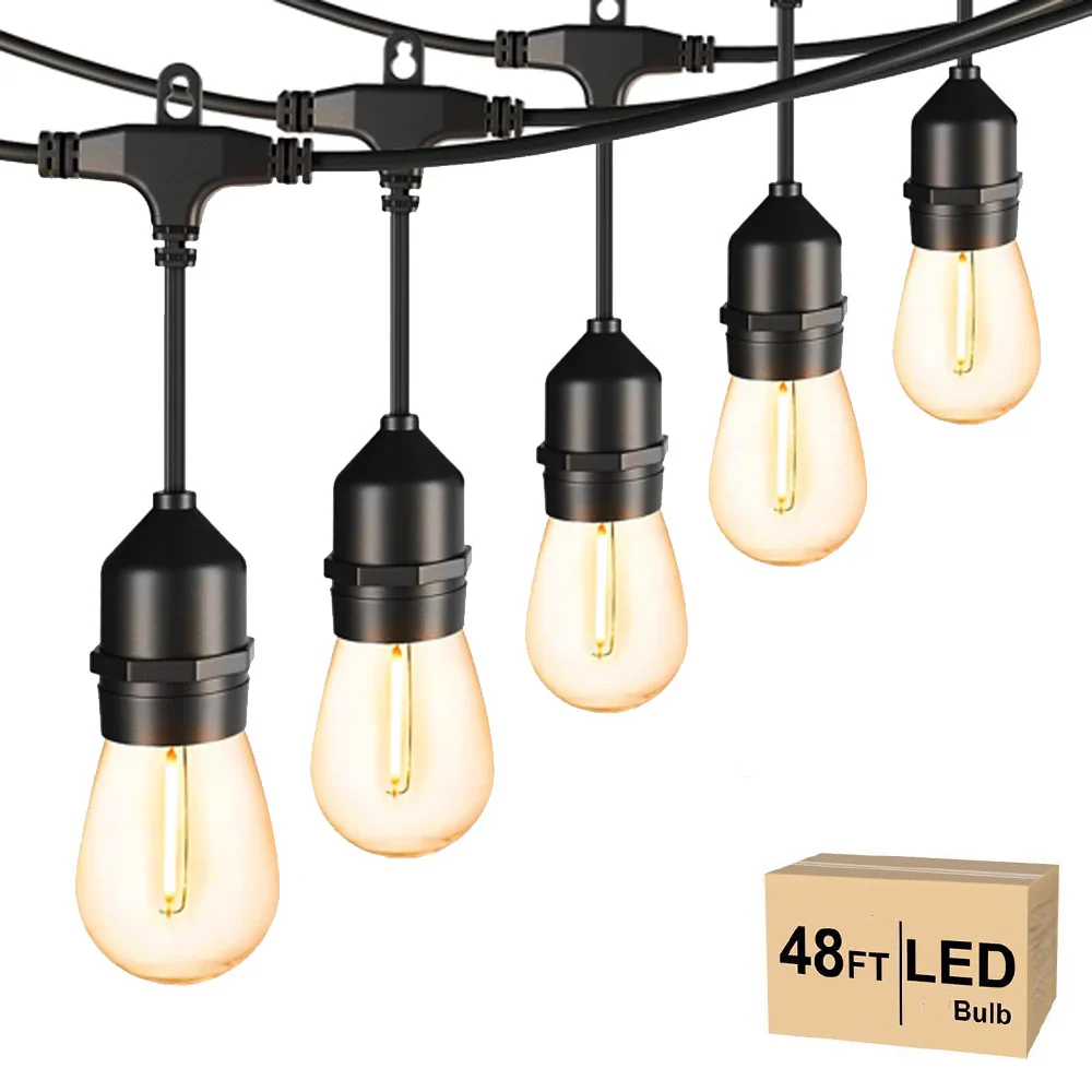 48FT Outdoor LED String Lights. S14 Festoon Lights with 15 E27 Sockets. IP65 Waterproof. 2700K Warm White for Garden. Patio. Party