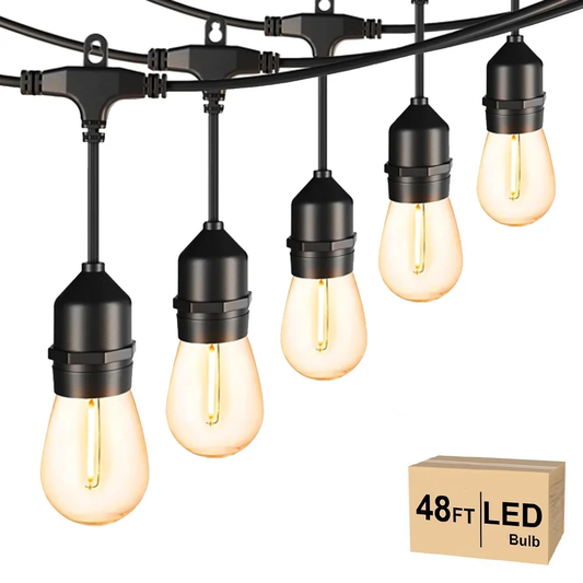 48FT Outdoor LED String Lights. S14 Festoon Lights with 15 E27 Sockets. IP65 Waterproof. 2700K Warm White for Garden. Patio. Party