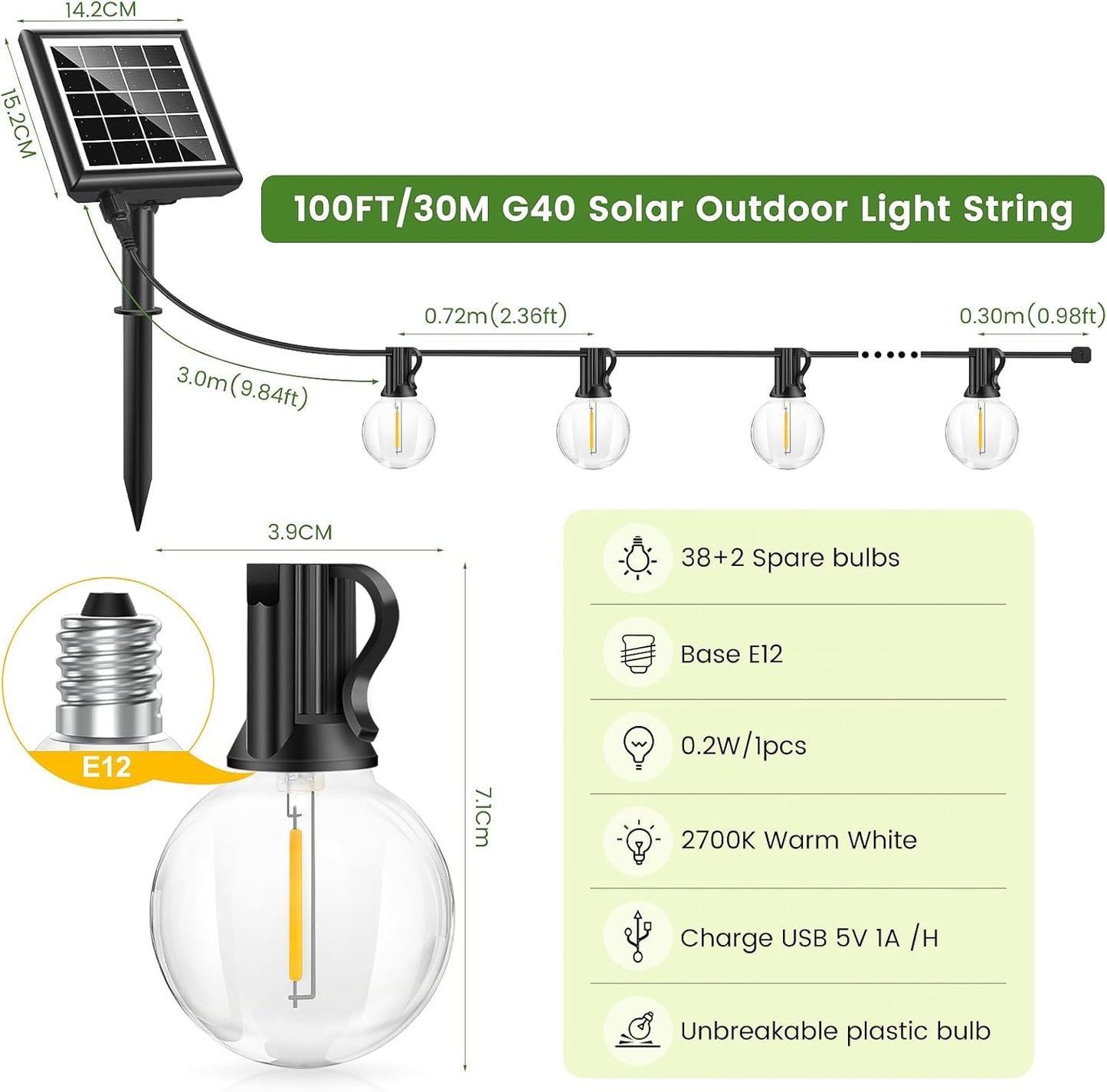 Dimmable Solar Outdoor String Lights – 100FT G40 Festoon Lights with Remote & Timer