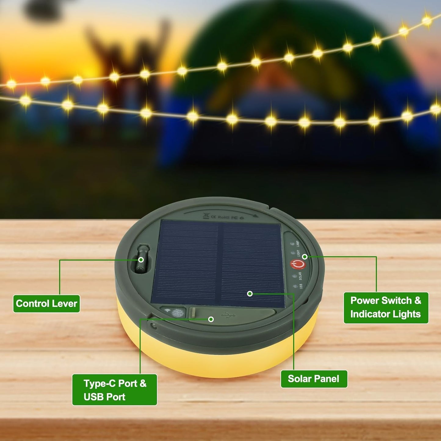 Solar Camping String Lights. 42Ft. 160 LED. USB Rechargeable