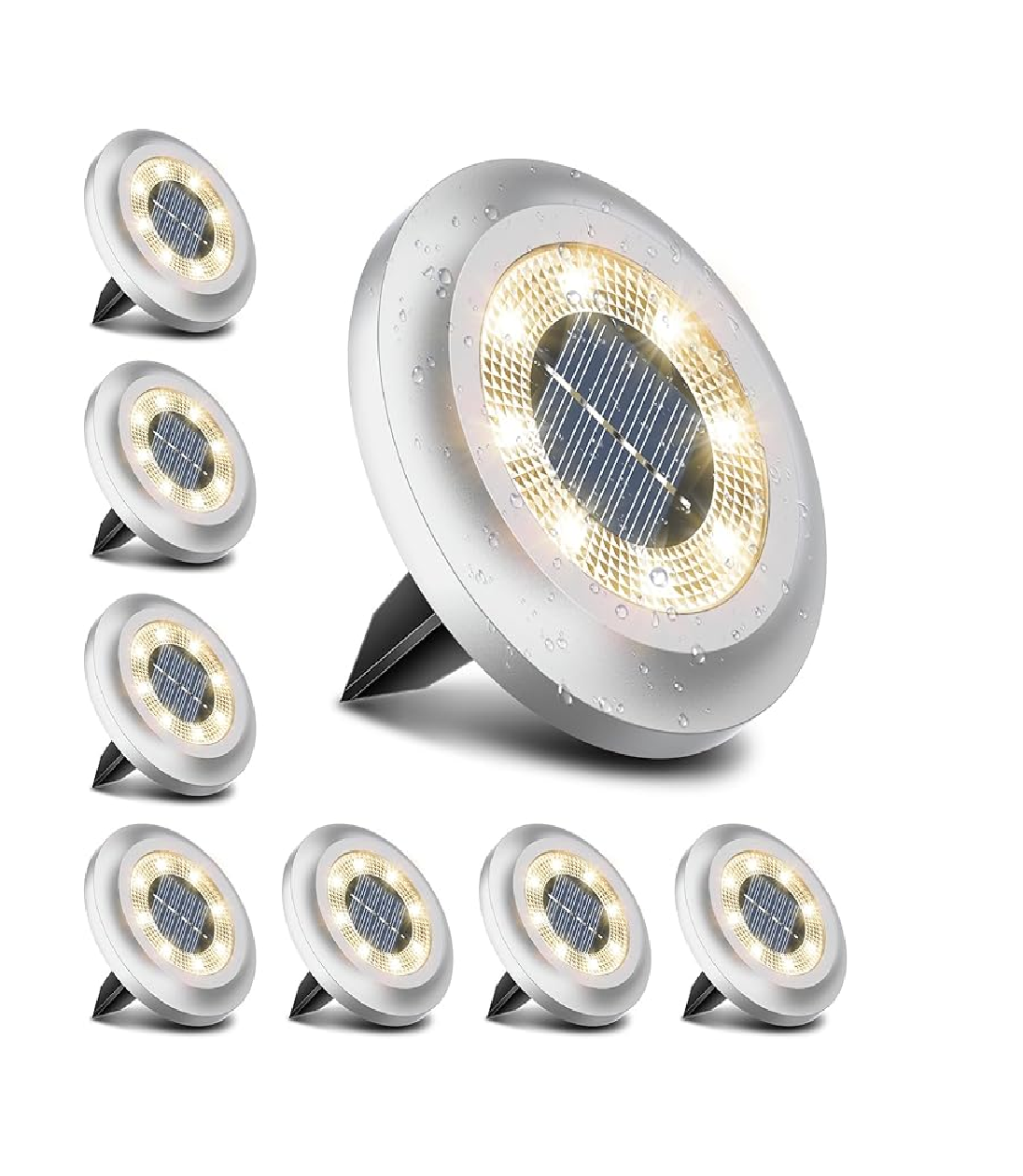 8-Pack Solar Disk Lights. Bright White Outdoor Pathway Lamps
