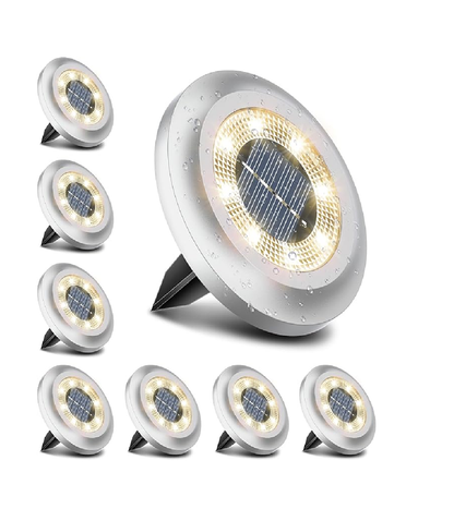8-Pack Solar Disk Lights. Bright White Outdoor Pathway Lamps