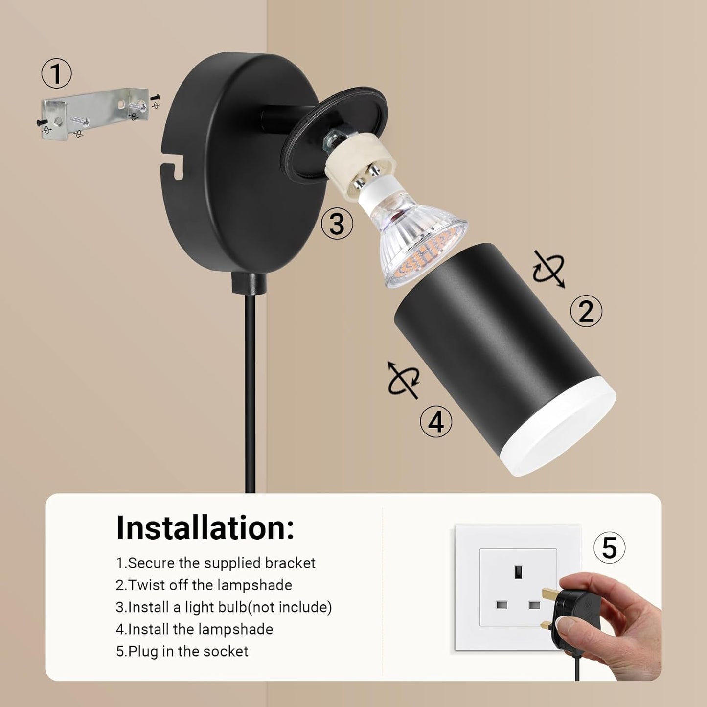 Wall Lights with Switch. Adjustable GU10 Plug-In Lamps 2 Pack
