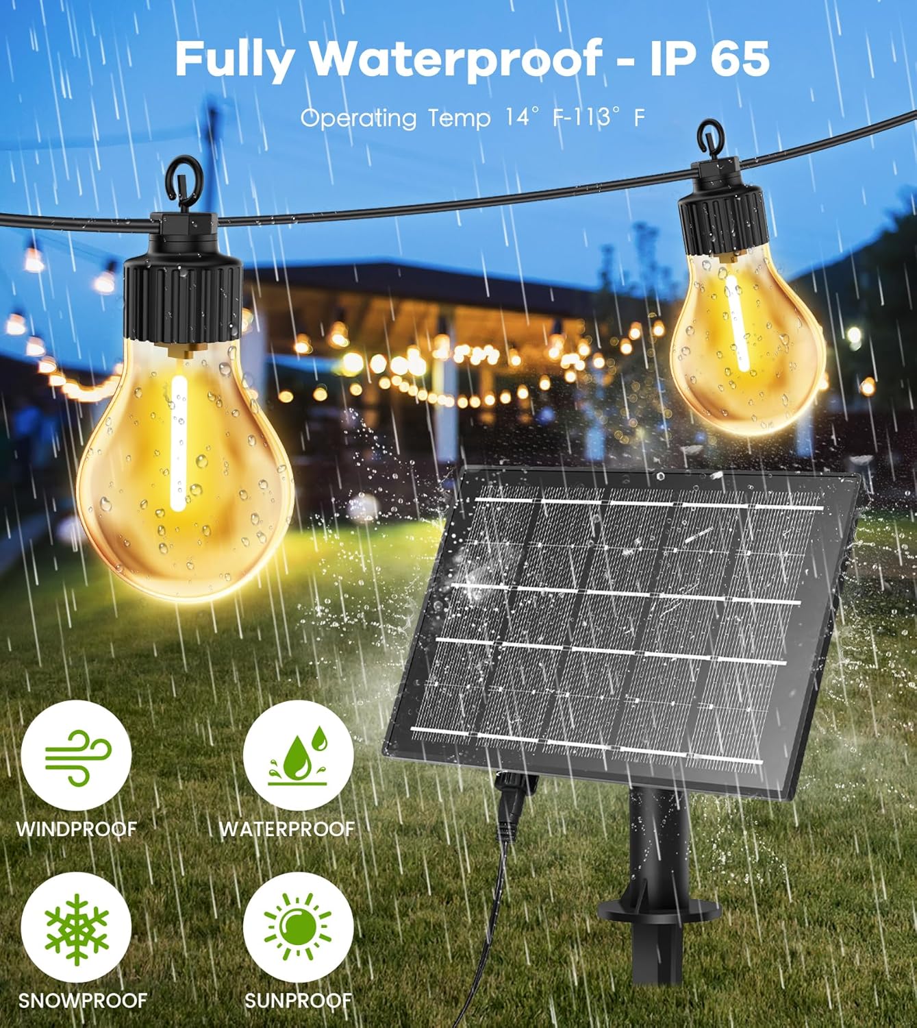 Solar String Lights Outdoor 15M/50FT – USB & Solar Powered Garden Festoon Lights