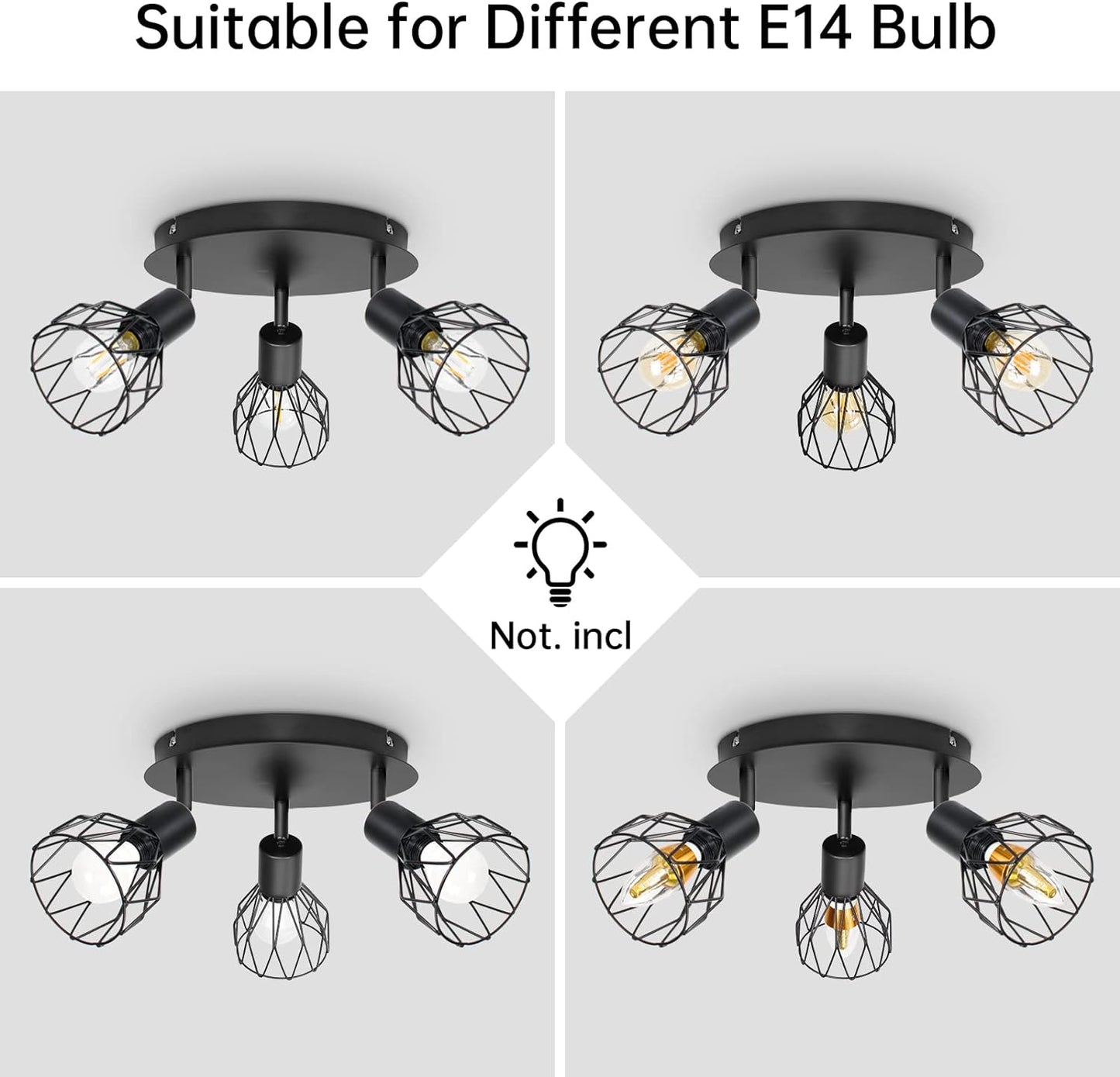 Spot Light Fittings for Ceilings Adjustable Metal Wire Cage Kitchen Spotlight Ceiling Lights with E14 Base Black 3 Way Ceiling Light Industrial