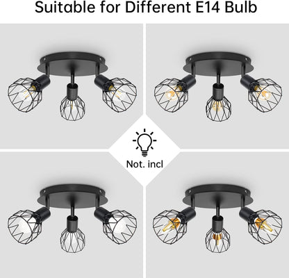 Spot Light Fittings for Ceilings Adjustable Metal Wire Cage Kitchen Spotlight Ceiling Lights with E14 Base Black 3 Way Ceiling Light Industrial