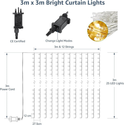LE 306 LED Curtain Lights – 3m x 3m. 8 Modes. Plug-in. Warm White