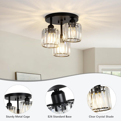 Modern Crystal Chandeliers Ceiling Light. 3-Lights Crystal Ceiling Lights Living Room. Black Semi Flush Ceilings Light Fittings for Hallway
