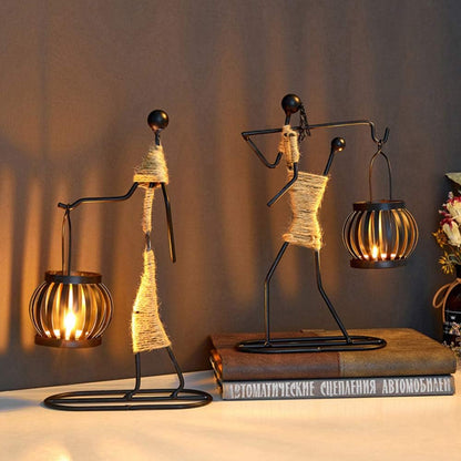 Retro Black Iron Little Girl Candle Holders Set