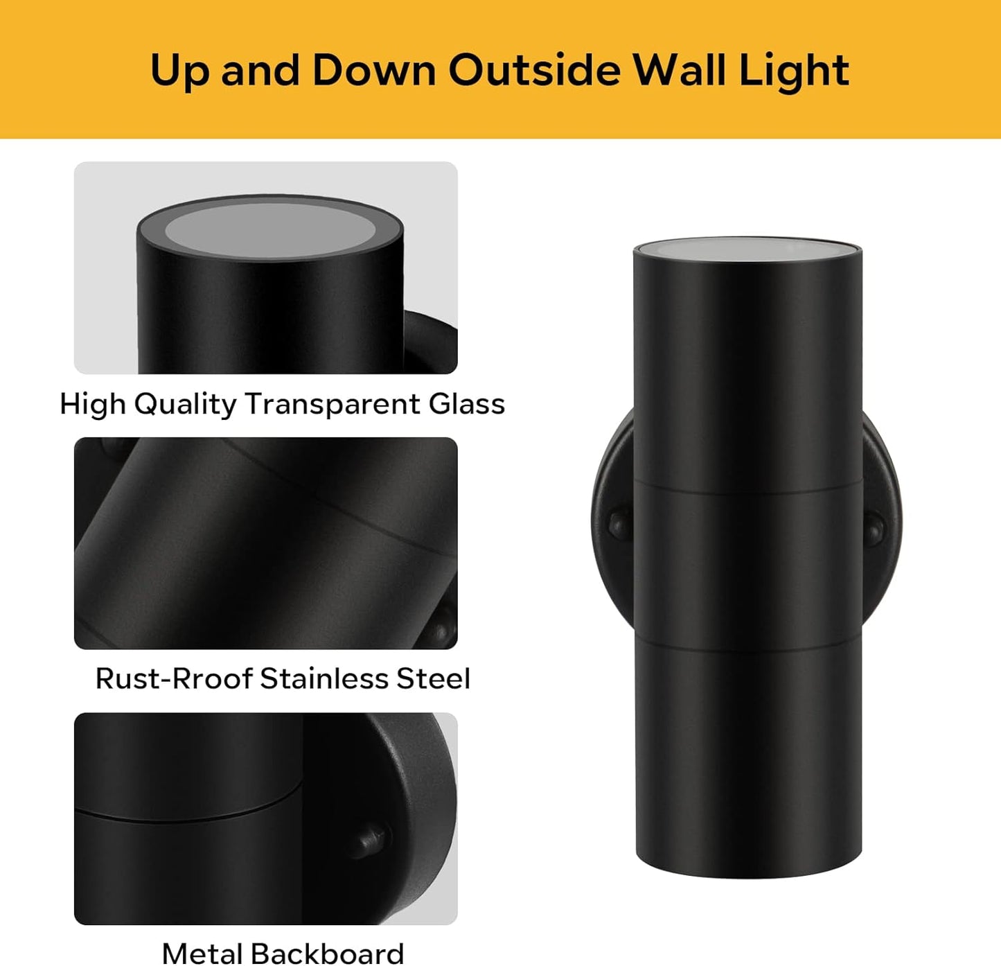 Modern Stainless Steel GU10 IP44 Up-Down Wall Light - Waterproof. Mains Powered. for Porch/Garden (Black)