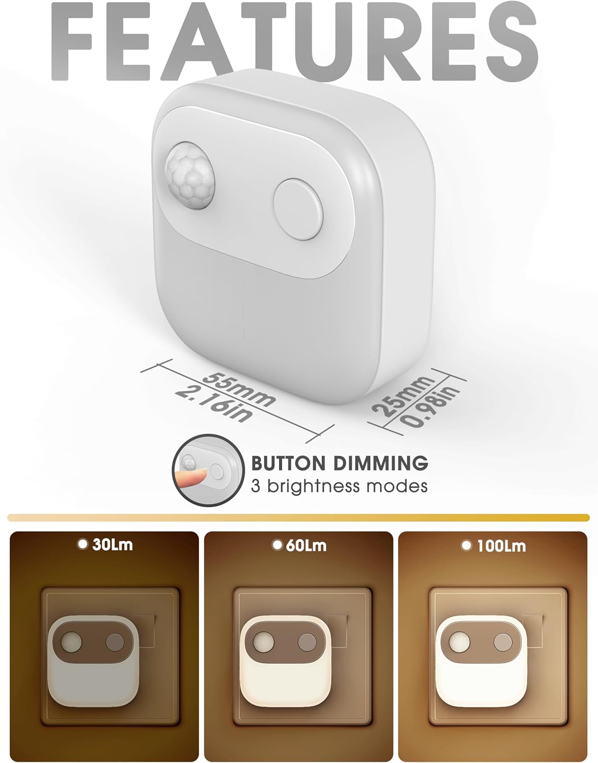 Plug-in Motion Sensor Night Light. 3000K Warm White