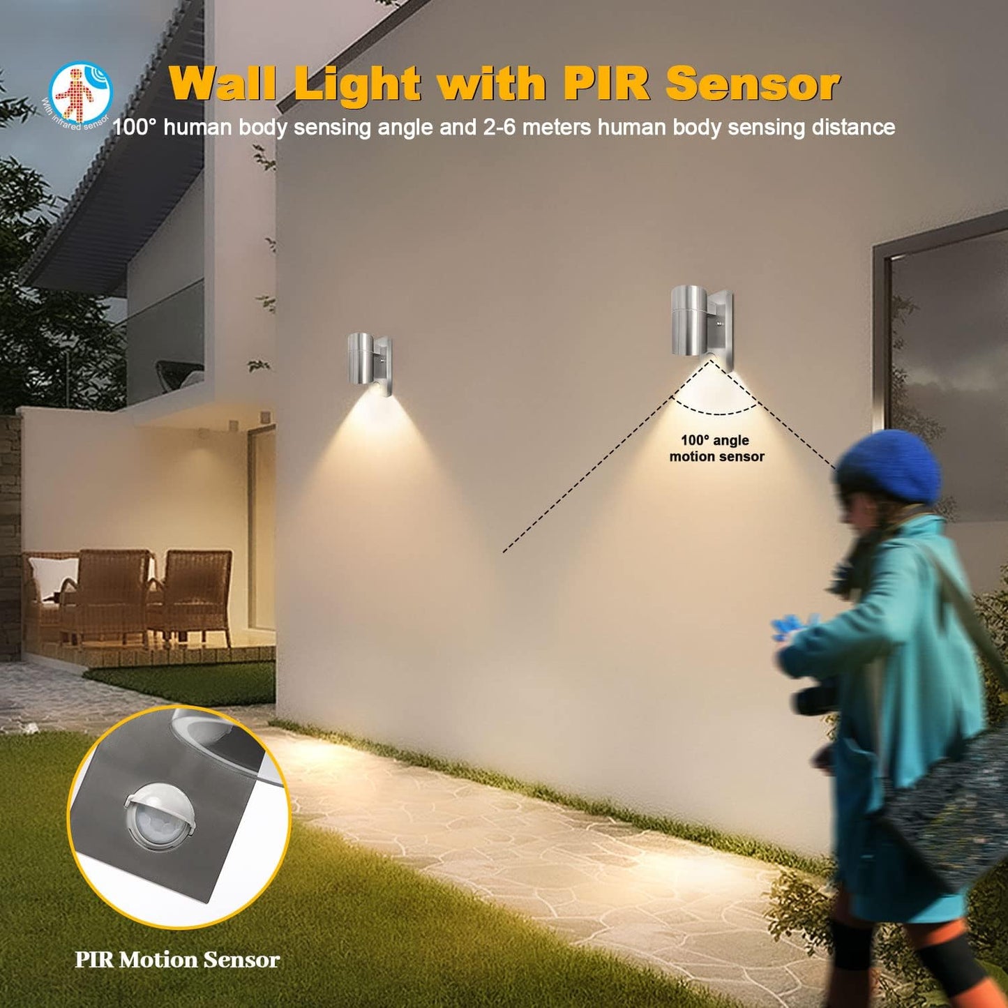 Outdoor Wall Light with PIR Motion Sensor. GU10 Base. IP44