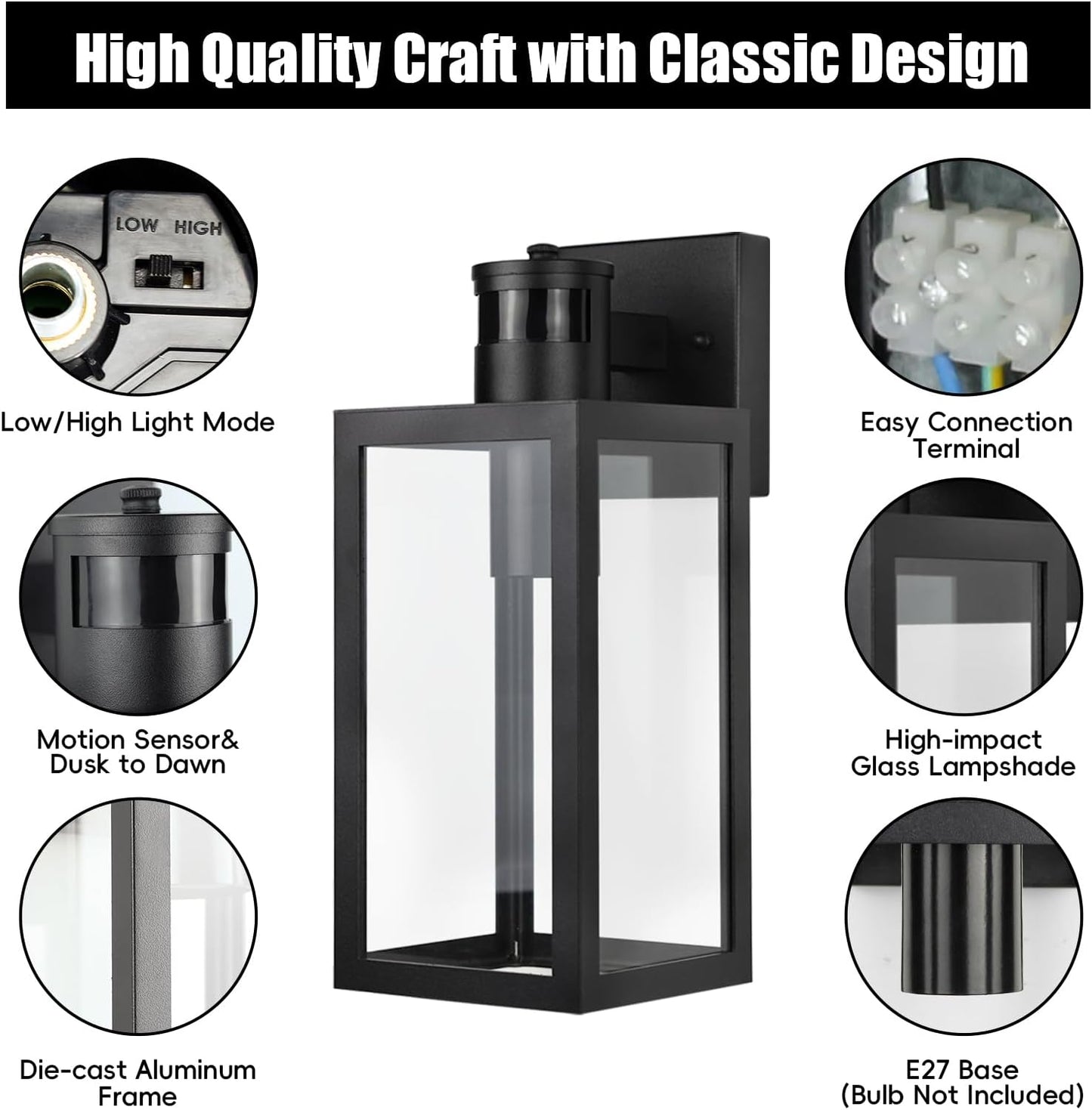 Motion Sensor Outdoor Wall Light. Dusk to Dawn Waterproof Sconce