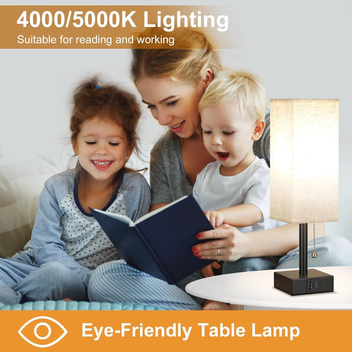 USB Bedside Table Lamp with 3 Color Modes & Pull Chain