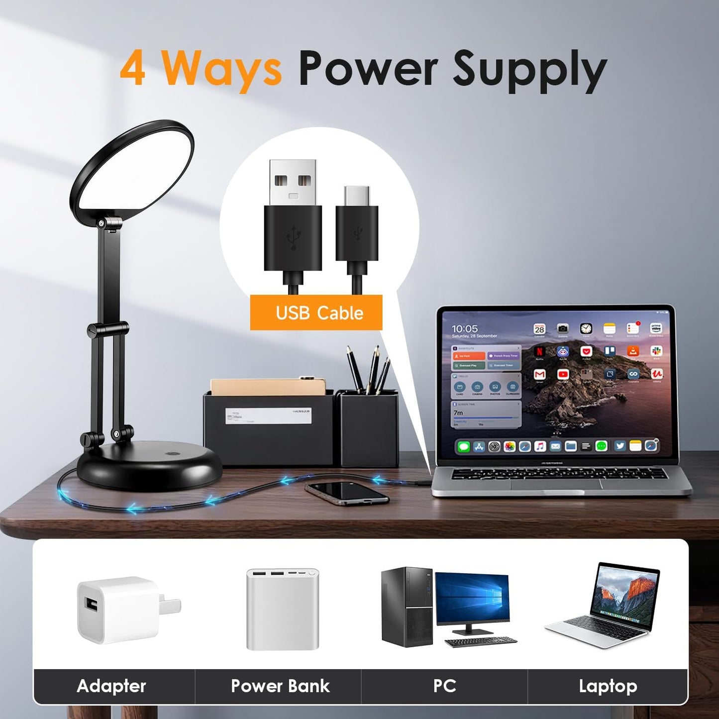 Rechargeable LED Desk Lamp. Dimmable Touch Control Light