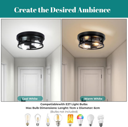 Industrial Round Black Ceiling Light with Dual E27 Fittings