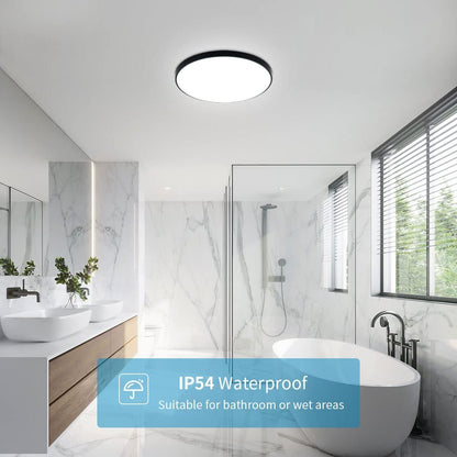 28W Black LED Flush Mount Ceiling Light. 6500K Daylight White Bathroom Light. 2000LM. Modern Round Lighting. 240W Equivalent White Ceiling Lamp for Kitchens. Hallway. Bedrooms