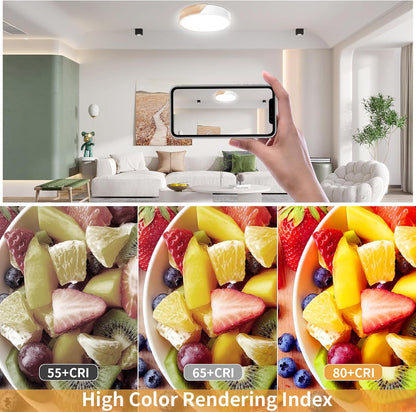Wooden LED Ceiling Light. Dimmable Modern Fixture with Remote