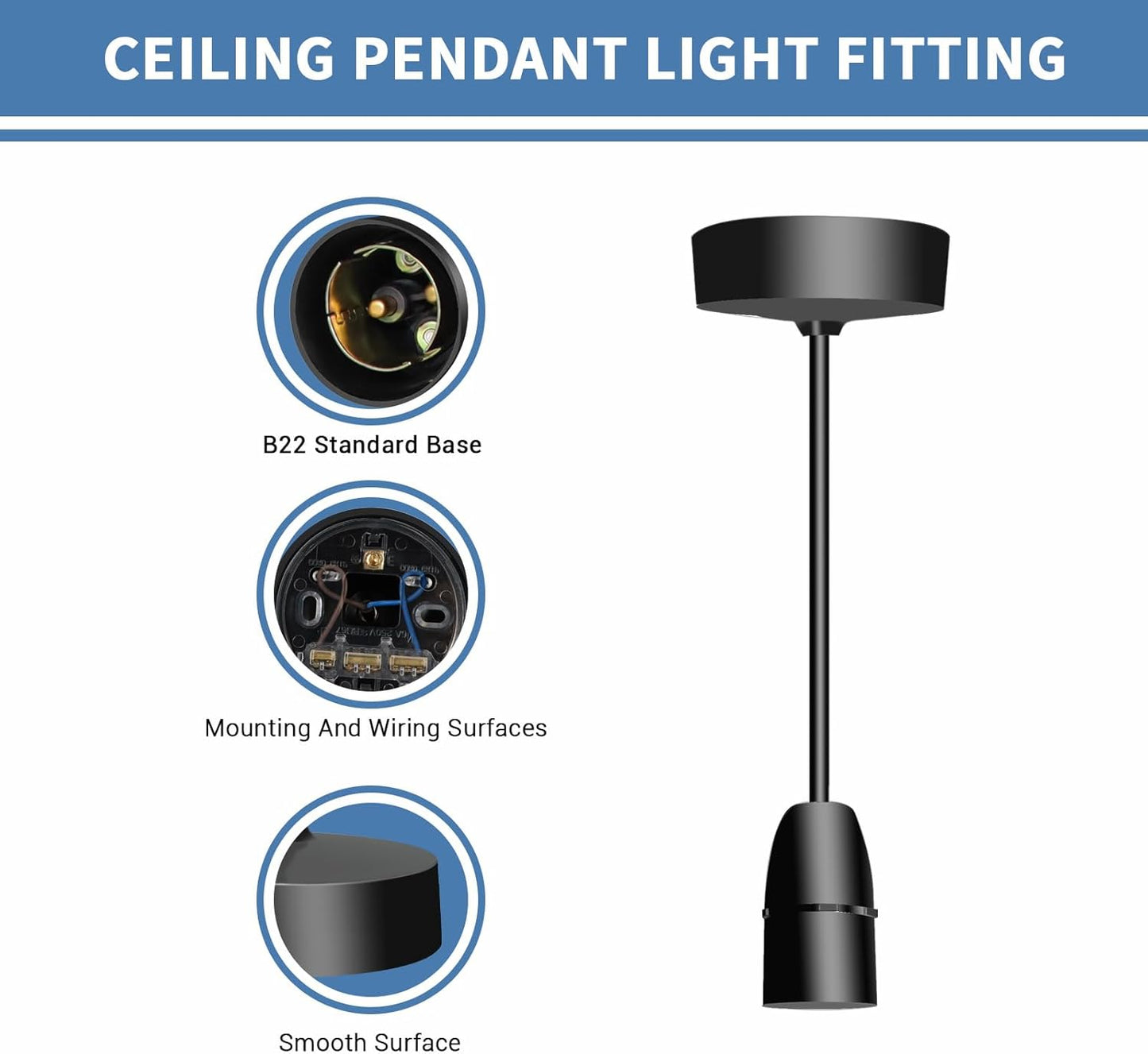 Ceiling Pendant Light Fitting. B22 Lamp Holder. 6(150mm). Black Plastic Light Bulb Holder. Ceiling Rose for Kitchen Island Living Room Bedroom Lightings