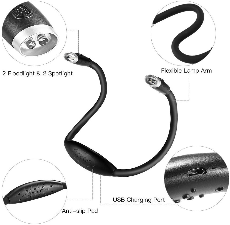 LEDGLE Updated Rechargeable LED Book Light. Hands Free. Best for Bed Reading or Read in Car. Flexible Arm. 4 Super Bright LED Bulbs. 4-Level Light Control