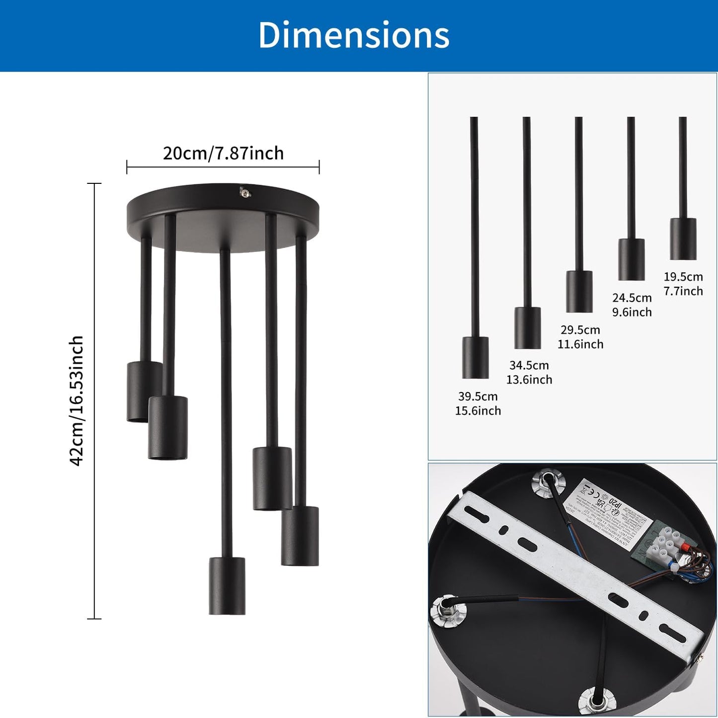 Black 5-Way Semi Flush Ceiling Light with E27