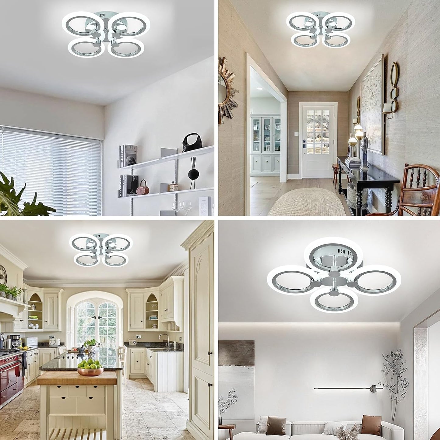 Modern 4-Ring LED Ceiling Light. Chrome. 6500K Daylight