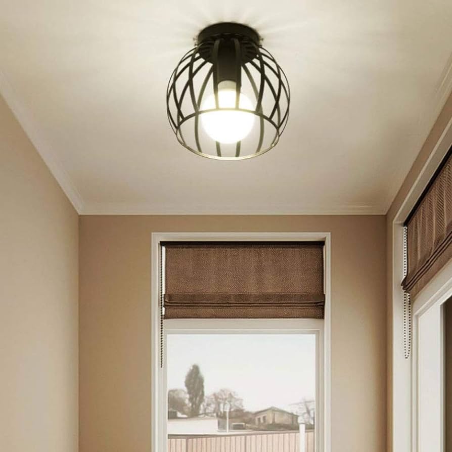 Vintage Semi Flush Ceiling Light – Black Metal Cage Fixture with E27 Holder for Living Room. Kitchen. Bedroom. or Hallway