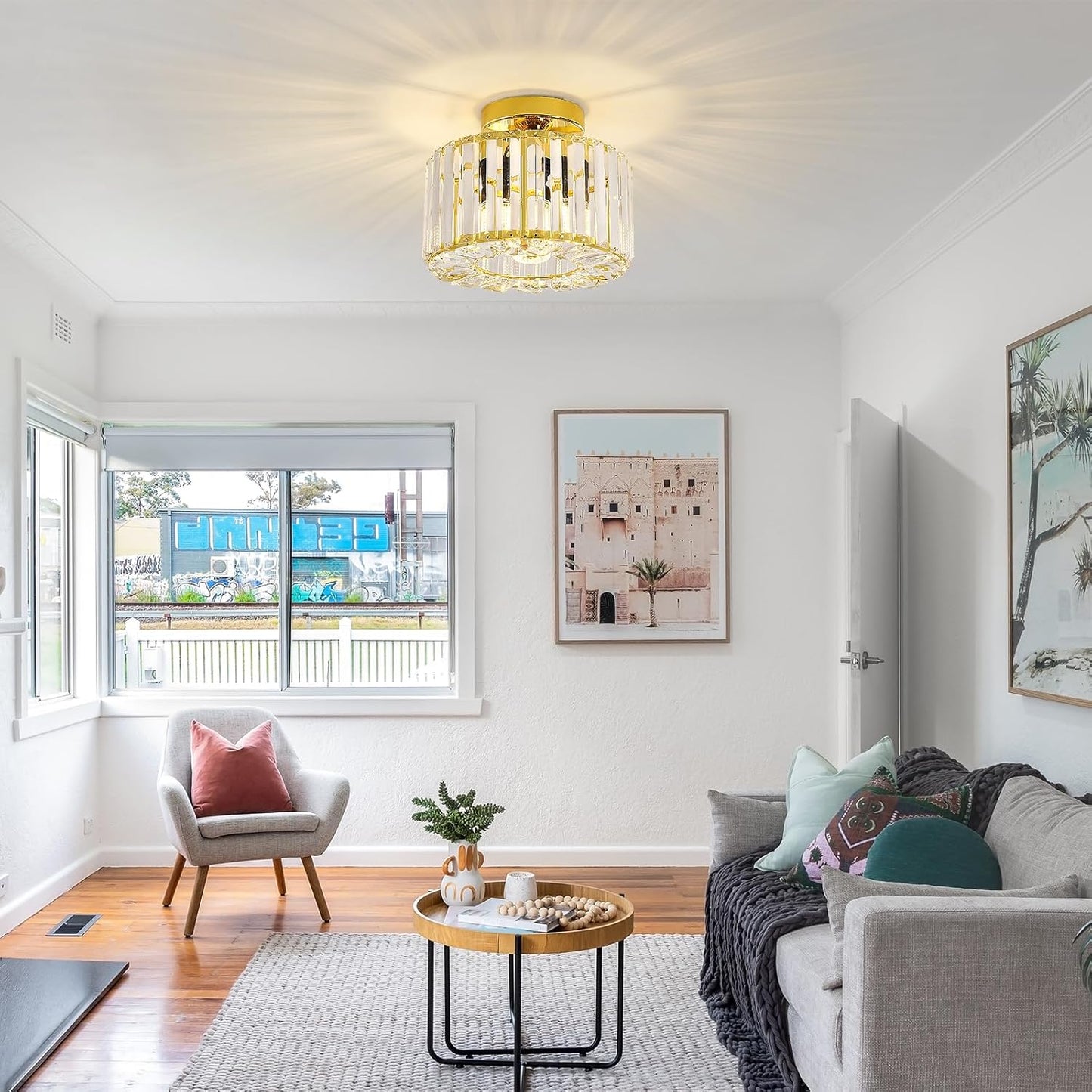Gold Crystal Semi Flush Mount Ceiling Light. Modern Industrial Fixture