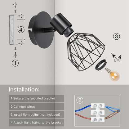 Adjustable Industrial Black Metal Cage Wall Lights. 2 Pack