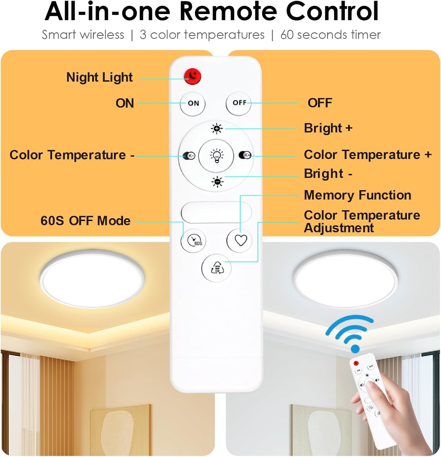 24W Bathroom Ceiling Light Dimmable LED with Remote