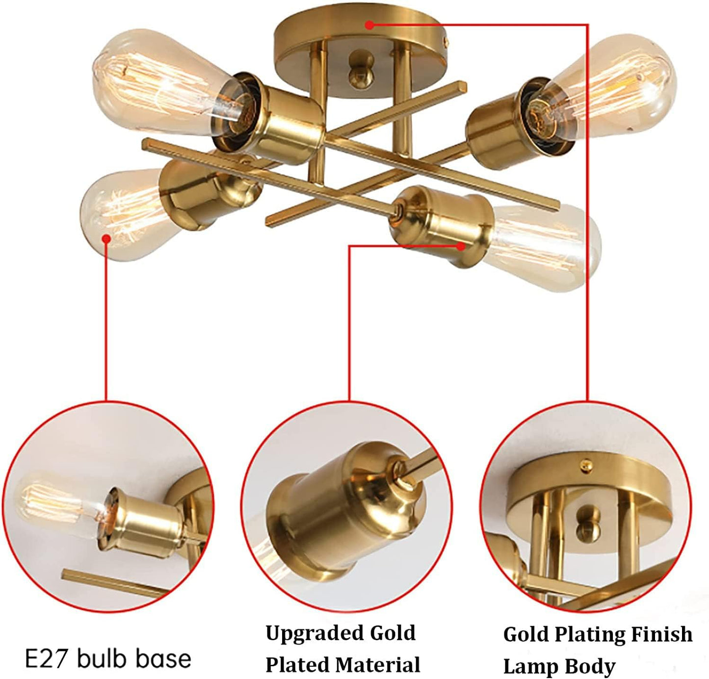 Gold 4-Light Semi Flush Ceiling Light. E27 Base