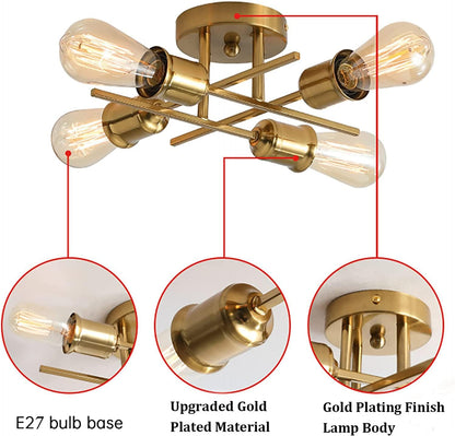 Gold 4-Light Semi Flush Ceiling Light. E27 Base