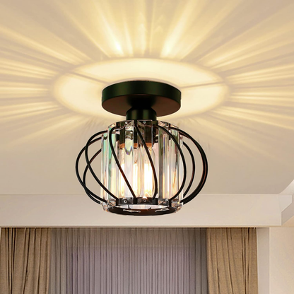 Vintage Semi Flush Ceiling Light – Black Metal Cage Fixture with E27 Holder for Living Room. Kitchen. Bedroom. or Hallway