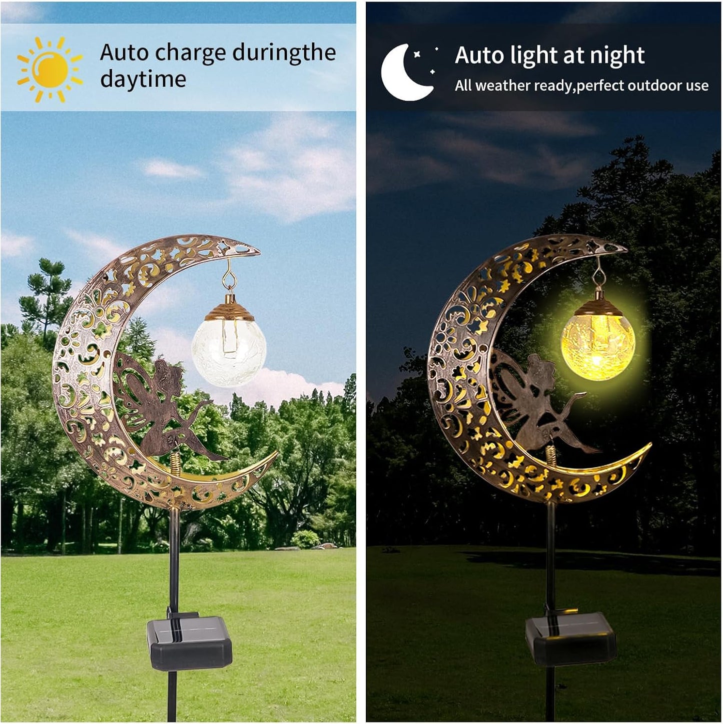 Solar Lights Outdoor Garden Ornaments – Moon Fairy Solar Crackle Glass Lights. Waterproof LED Metal Stake Light for Patio. Lawn & Pathway Decorations