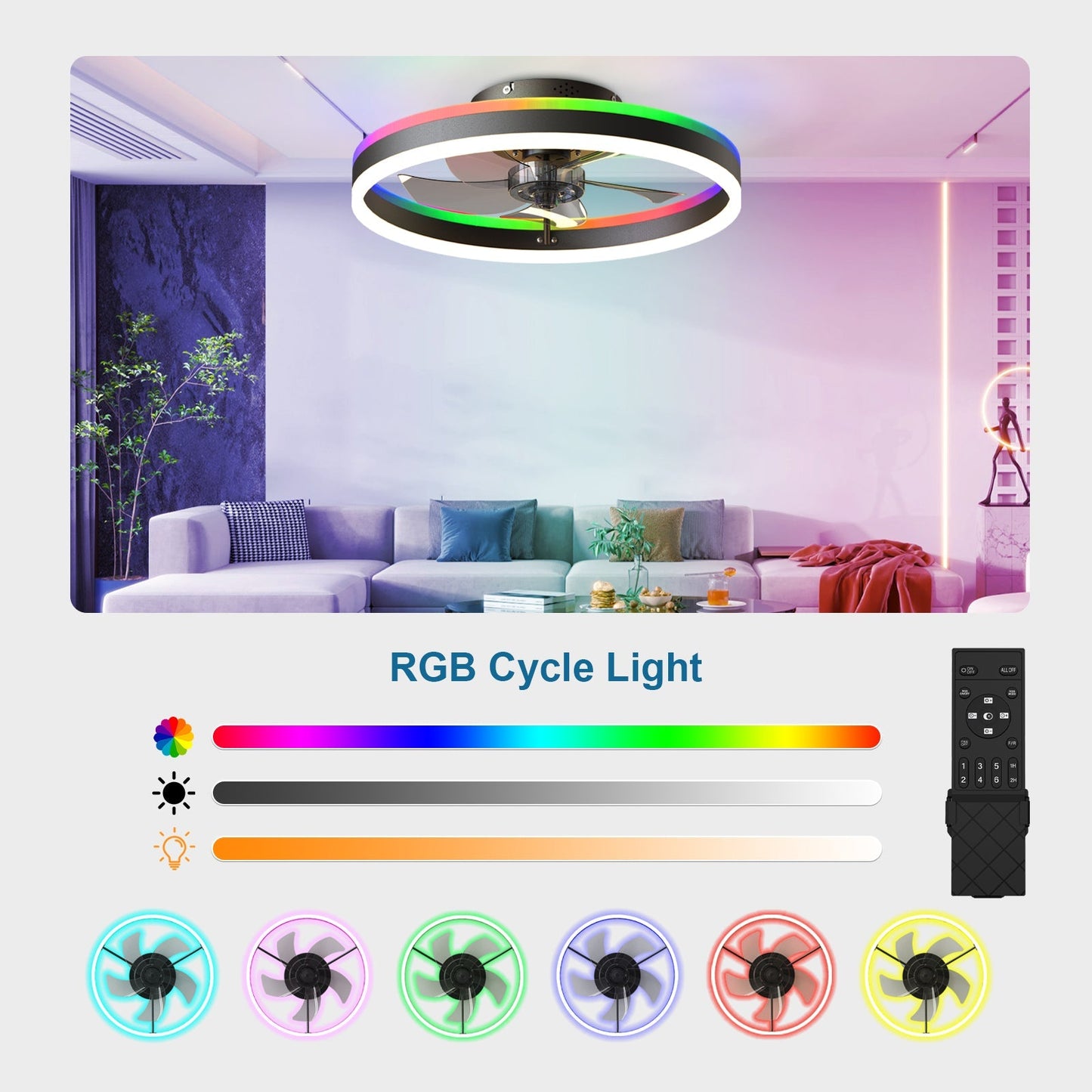 19.7 RGB Flush Mount Ceiling Fan with Light for Bedroom