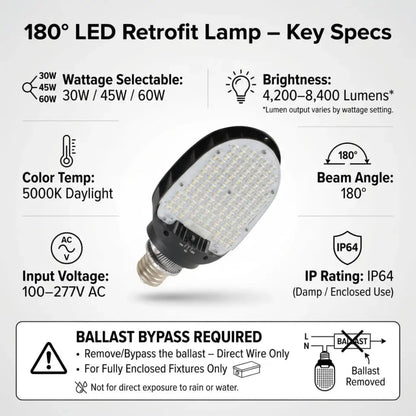 LED Corn Bulb E39 Base - 30/45/60W Selectable - Up to 8.400 Lumens 5000K Daylight - 200W MH/HPS Replacement - Commercial Retrofit Light for Parking Lot. Street & Wall Pack