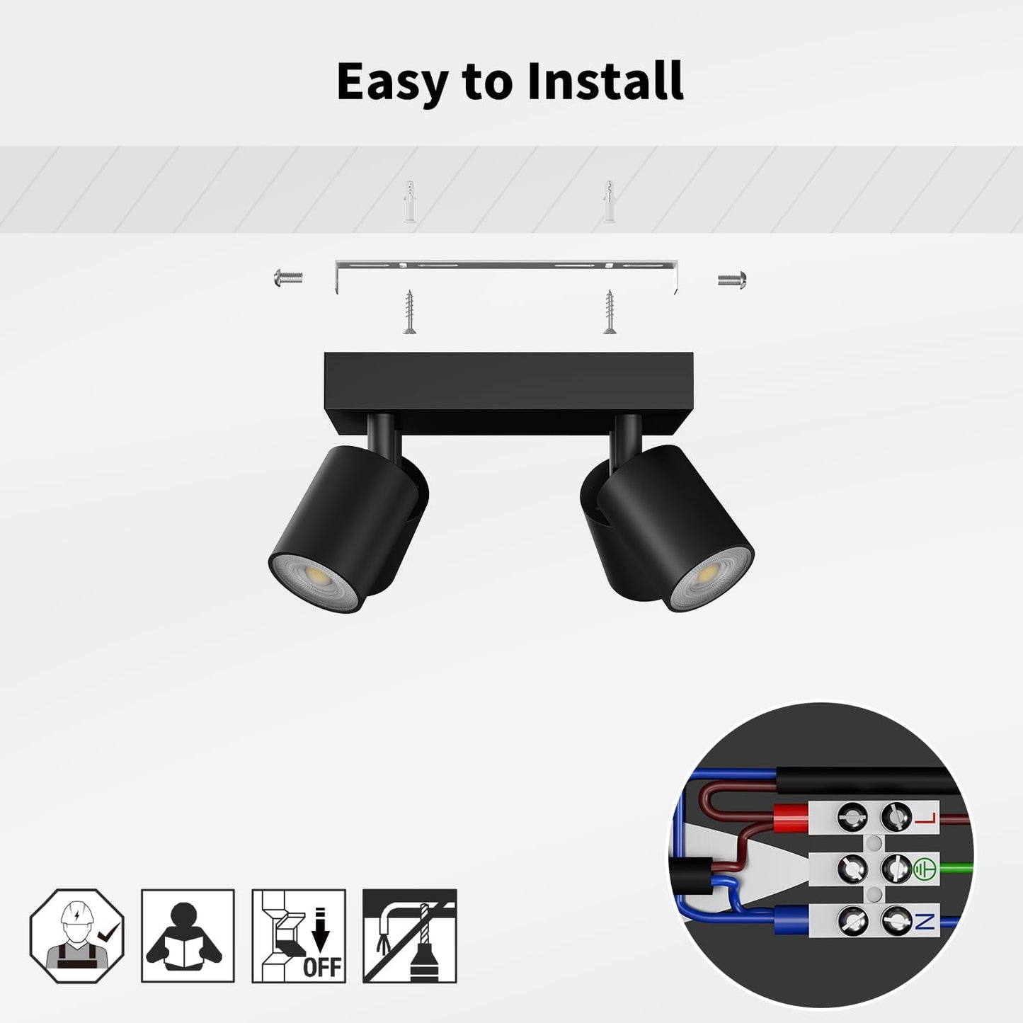 Black Square GU10 Ceiling Light – 4 Way Adjustable Spotlight Fitting for Kitchen. Bedroom. Lounge. Dining Room (Bulb Not Included)