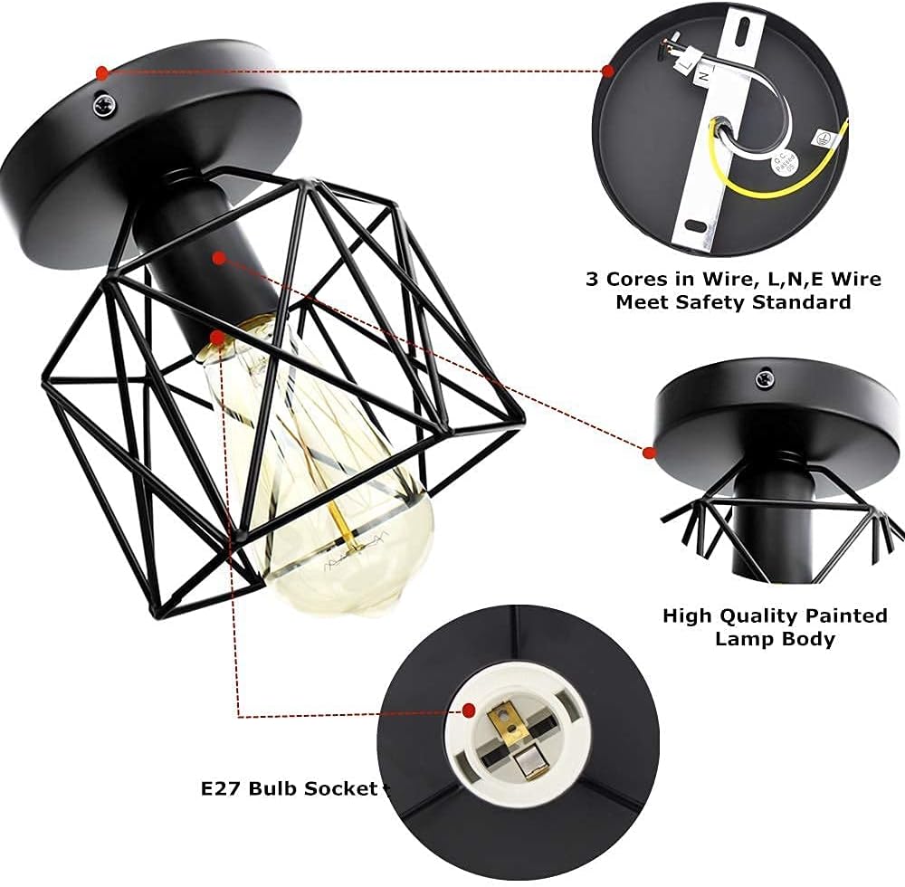 Modern Black Wire Frame Ceiling Light - Semi-Flush Mount Design for Living Room. E27 LED Bulb Fixture. Pack of 2