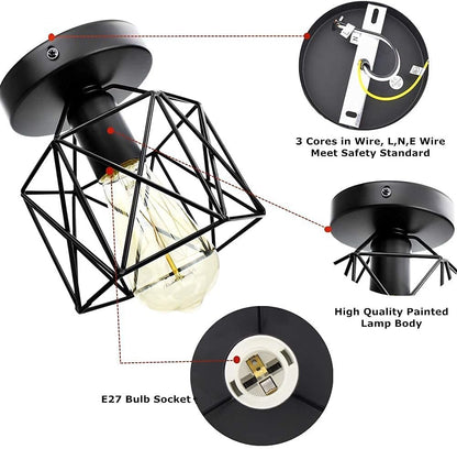 Modern Black Wire Frame Ceiling Light - Semi-Flush Mount Design for Living Room. E27 LED Bulb Fixture. Pack of 2