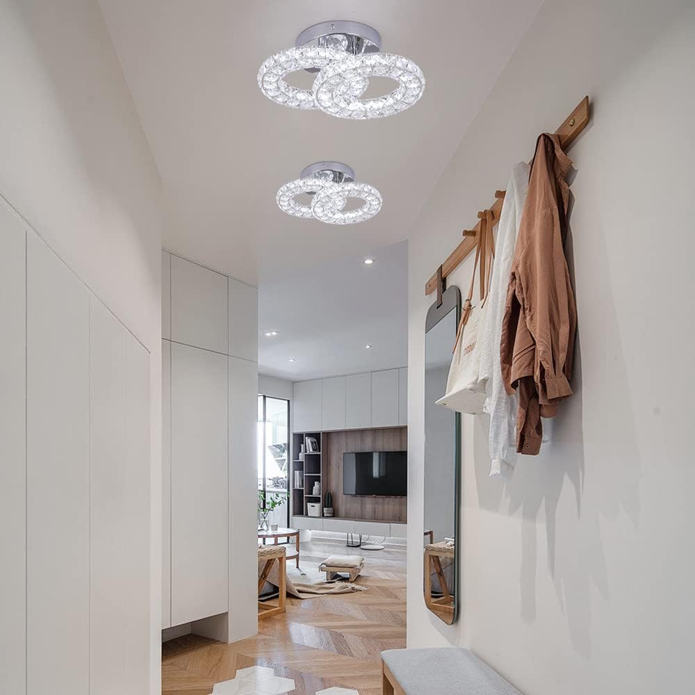 Crystal LED Ceiling Light Fixture. Modern 2-Ring Flush Mount Chandelier