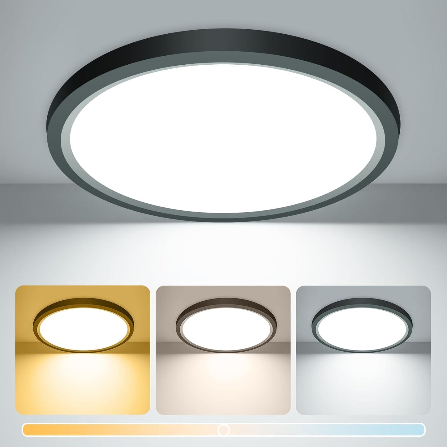 15W 1800LM LED Ceiling Light. Ultra Thin 18cm Round Black Flush Mount Lamp IP44 Waterproof. 3000K/4000K/6500K for Bathroom. Bedroom. Kitchen. Living Room. Toilet. Utility Room