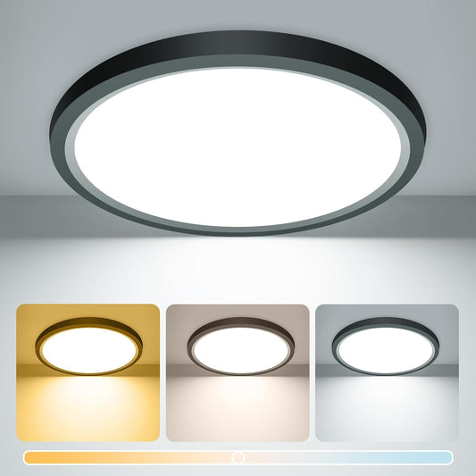 15W 1800LM LED Ceiling Light. Ultra Thin 18cm Round Black Flush Mount Lamp IP44 Waterproof. 3000K/4000K/6500K for Bathroom. Bedroom. Kitchen. Living Room. Toilet. Utility Room