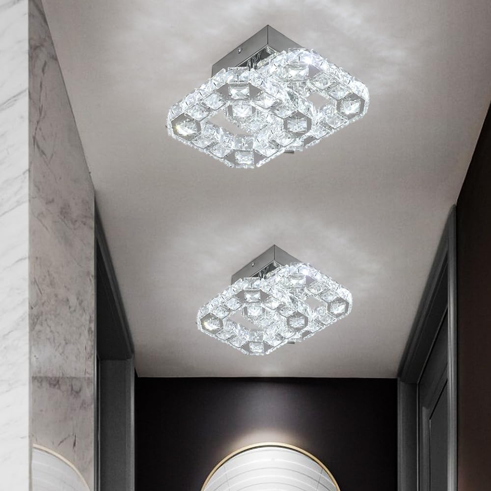 Crystal LED Ceiling Light Fixture. Square Flush Mount 3-Color Chandelier for Bedroom. Kitchen. Hallway