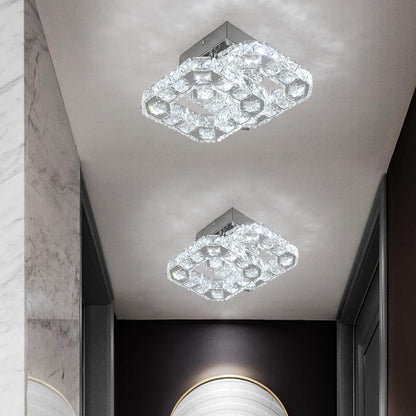 Crystal LED Ceiling Light Fixture. Square Flush Mount 3-Color Chandelier for Bedroom. Kitchen. Hallway