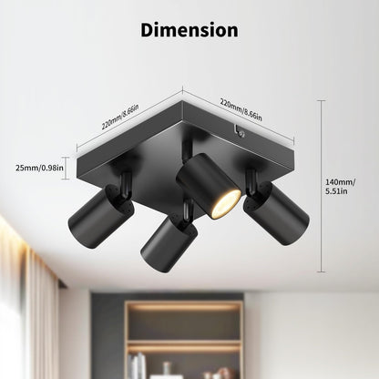 Black Square GU10 Ceiling Light – 4 Way Adjustable Spotlight Fitting for Kitchen. Bedroom. Lounge. Dining Room (Bulb Not Included)