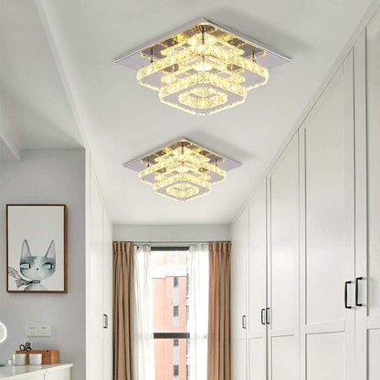 Crystal LED Ceiling Light. Modern Square Flush Mount Chandelier with K9 Crystal and Stainless Steel Frame. Multicolor Ceiling Lamp for Living Room. Dining Room. Bedroom