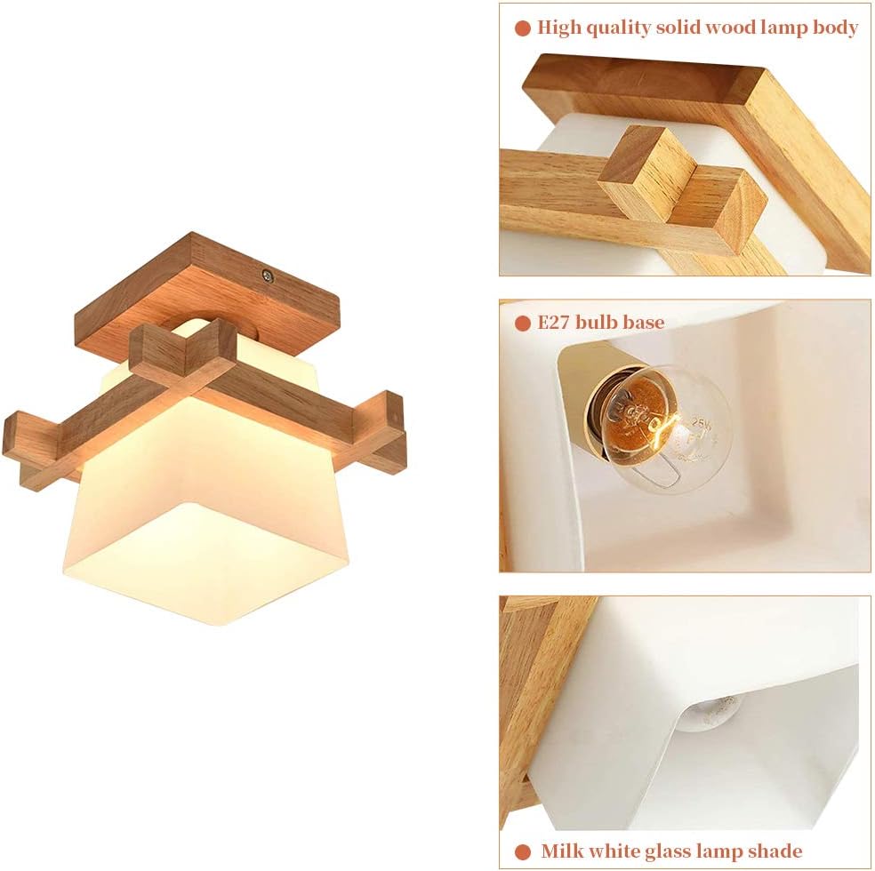 Wood Ceiling Light. Simple Japanese Tatami Style E27 Wooden Lamp with Glass Shade. Modern Ceiling Light Fixture for Hallway. Porch. Balcony. and Bedroom