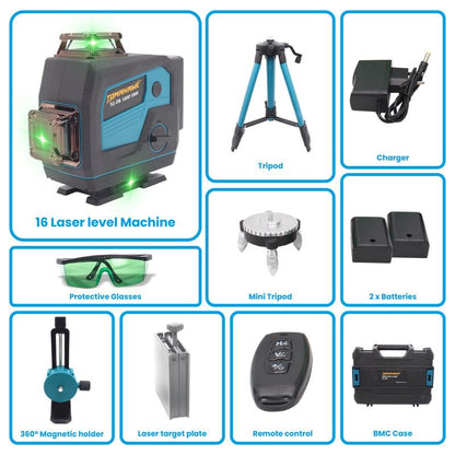 Laser Level - 16 Lines. 4x360° 4D Green Cross. Self-Levelling - SPZ-8116-16